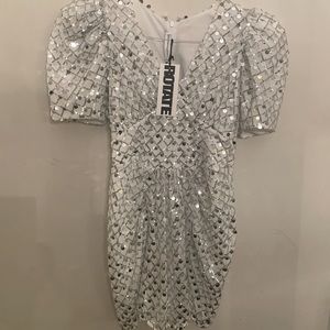 ROTATE silver disco mini dress with puff sleeves. Size 6 (38). New with tags.